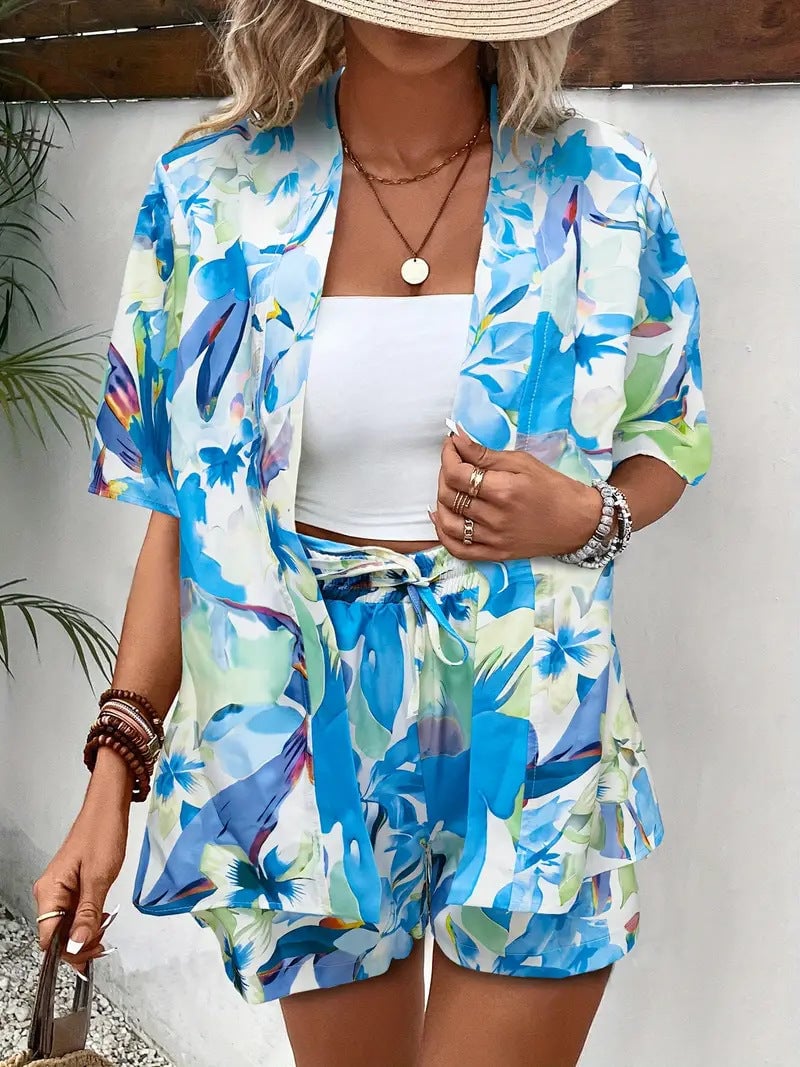Dark blue floral kimono cardigan and shorts set on model