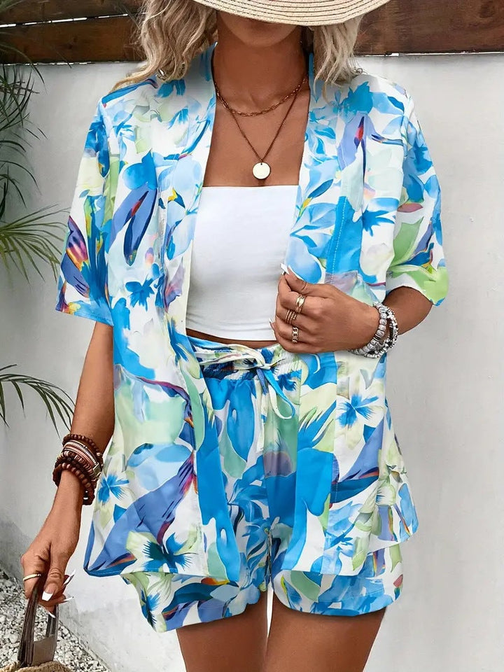 Dark blue floral kimono cardigan and shorts set on model