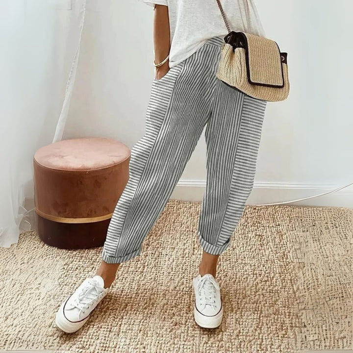 Back view of women's striped wide leg pants showing the clean mid-rise waistband