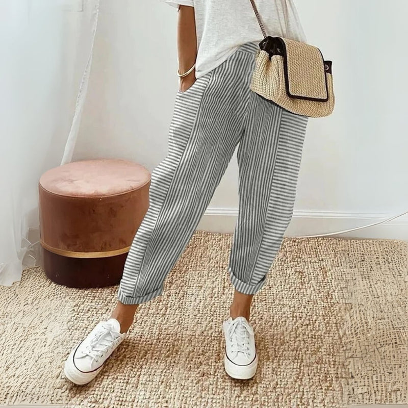 Back view of women's striped wide leg pants showing the clean mid-rise waistband