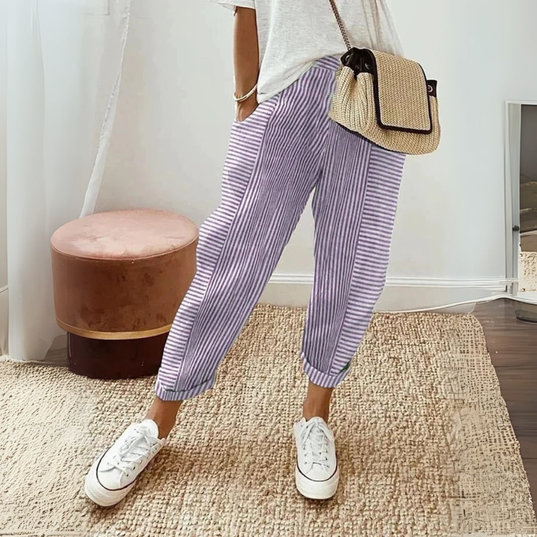 Women's striped wide leg pants in multiple color options including white, red, gray, green, blue, and purple