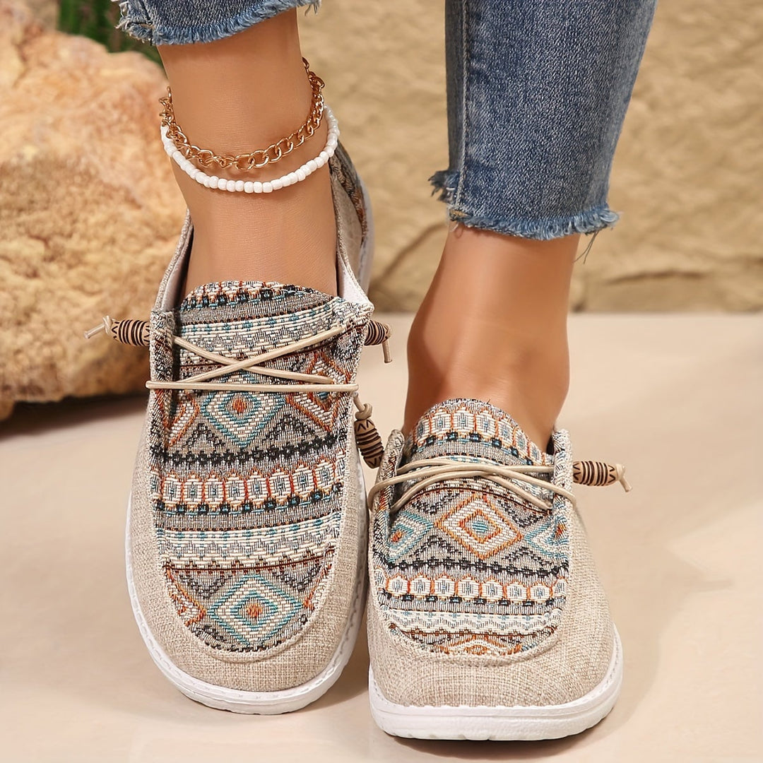 Clementine khaki tribal print sneakers, side profile view