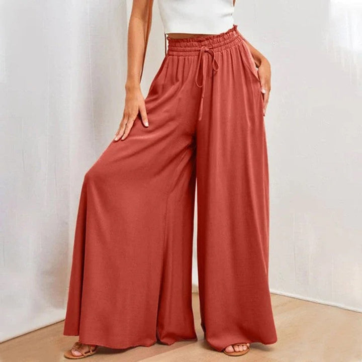 Close-up of drawstring waist closure on women's palazzo pants