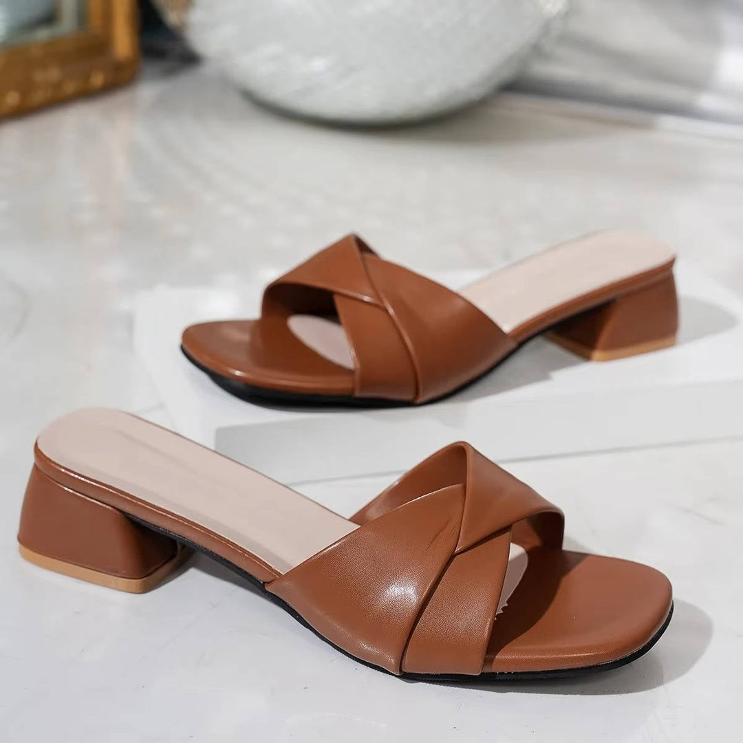 Clezza block heel slides in brown, top-down view showing square toe silhouette