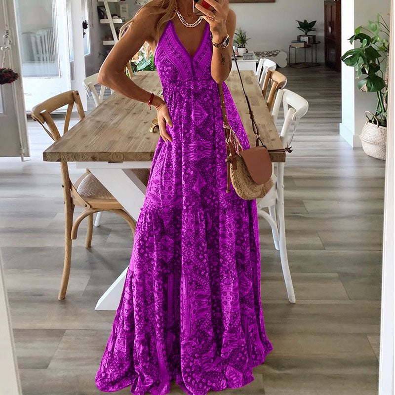 Side view of the Colette boho maxi dress in purple showing the flowing silhouette and length
