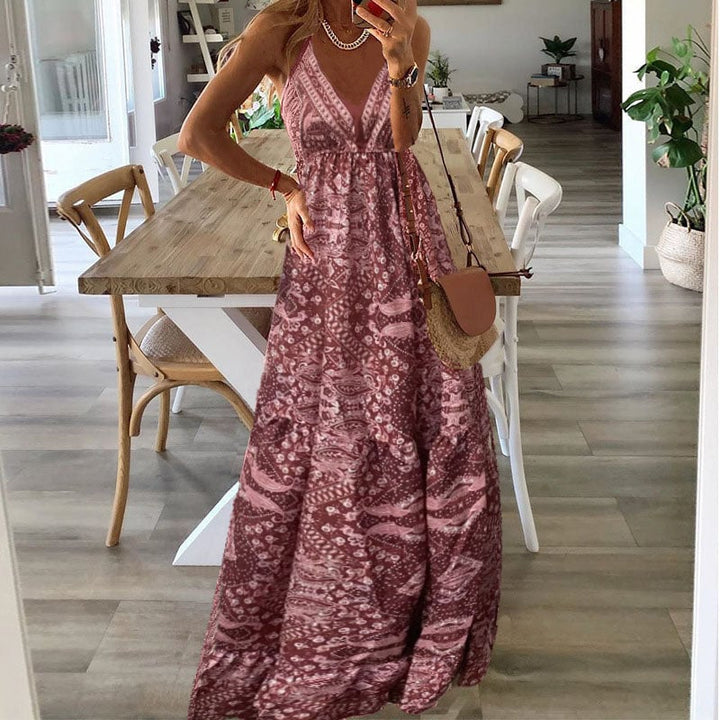 Back view of the Colette boho draped maxi dress in old rose showing the open strap detail