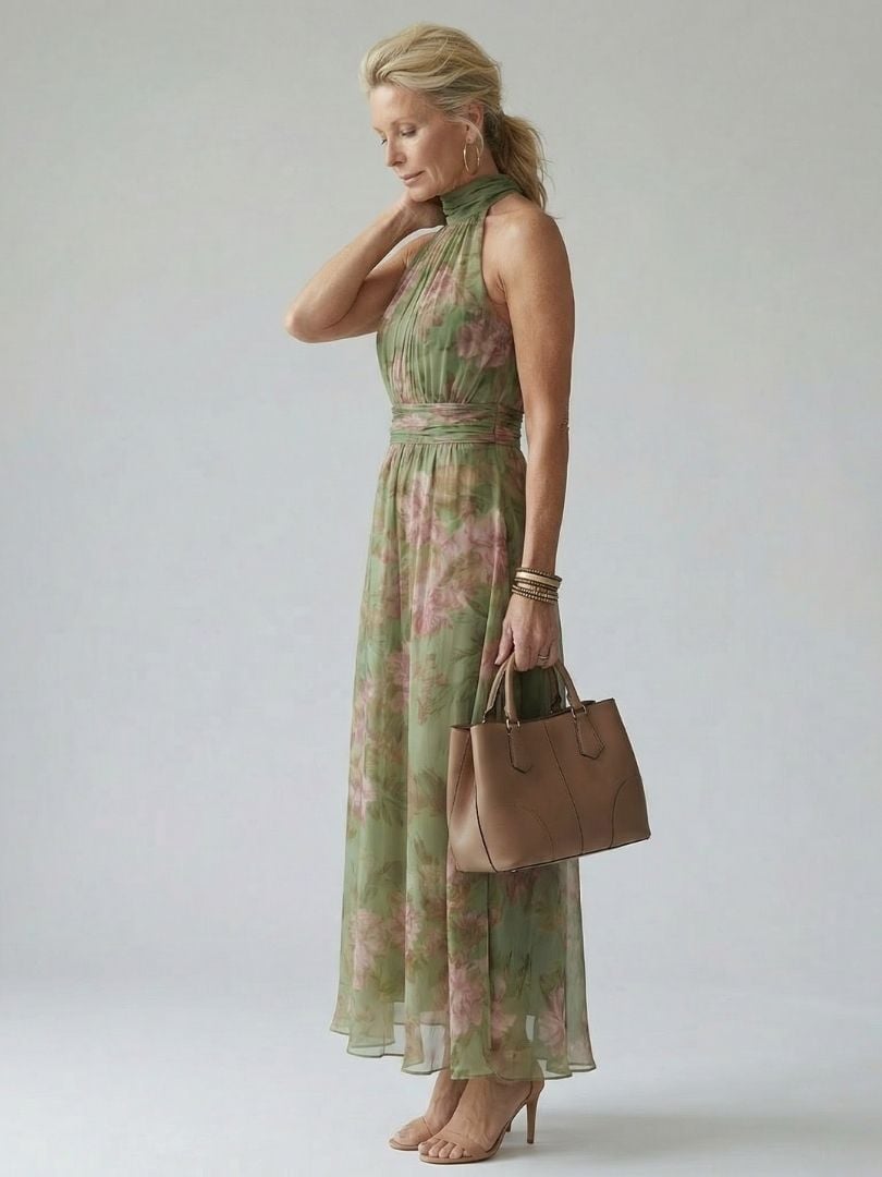 Side view of Colette floral midi dress highlighting gathered halter neckline and silhouette
