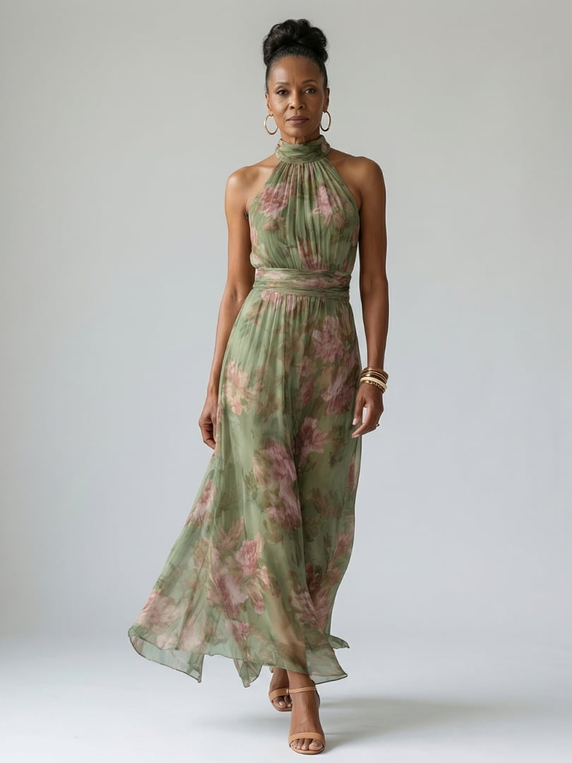 Close-up of the botanical floral print on the Colette green midi dress