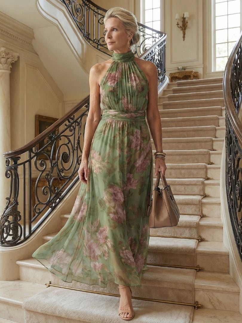 Full-length back view of the Colette green floral halter midi dress