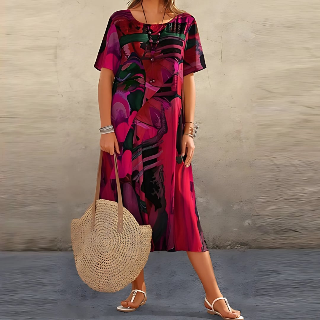 Model in a red floral dress with a flattering flowing skirt, perfect for summer occasions