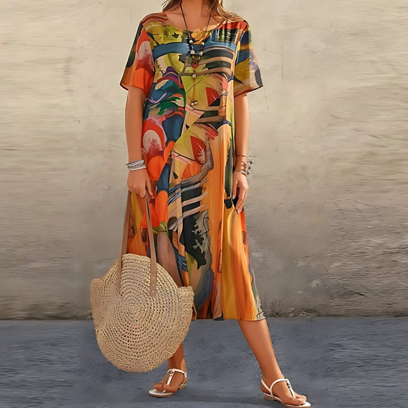 Orange floral dress with an airy, soft-touch fabric shown in a lifestyle setting