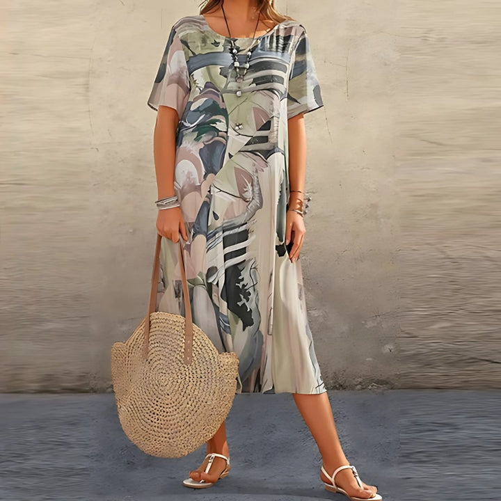 Grey floral dress styled with accessories, showcasing the versatile everyday design