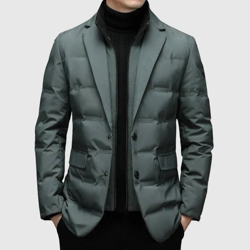 Back view of structured padded winter blazer showing silhouette and thermal padding construction