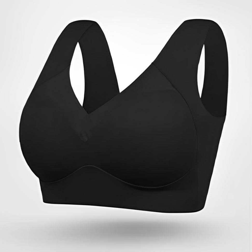 Front view of ultra-comfortable seamless bra in black showing smooth seamless construction and push-up cups