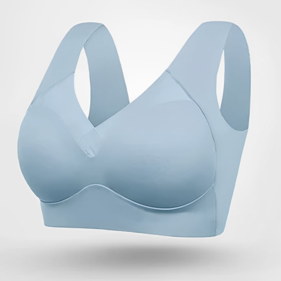 Seamless bra in dark blue displayed flat showing wire-free slip-on design