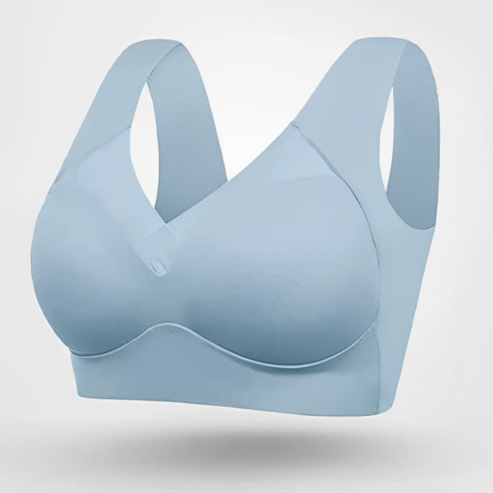 Seamless bra in dark blue displayed flat showing wire-free slip-on design