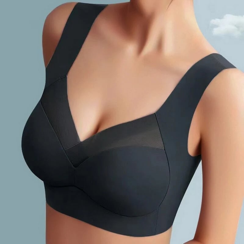 Light blue seamless bra laid flat showing seamless edges and stretchable band