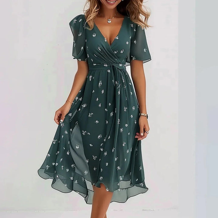 Woman wearing the Connie elegant summer dress in a flowing silhouette, styled for a warm sunny day
