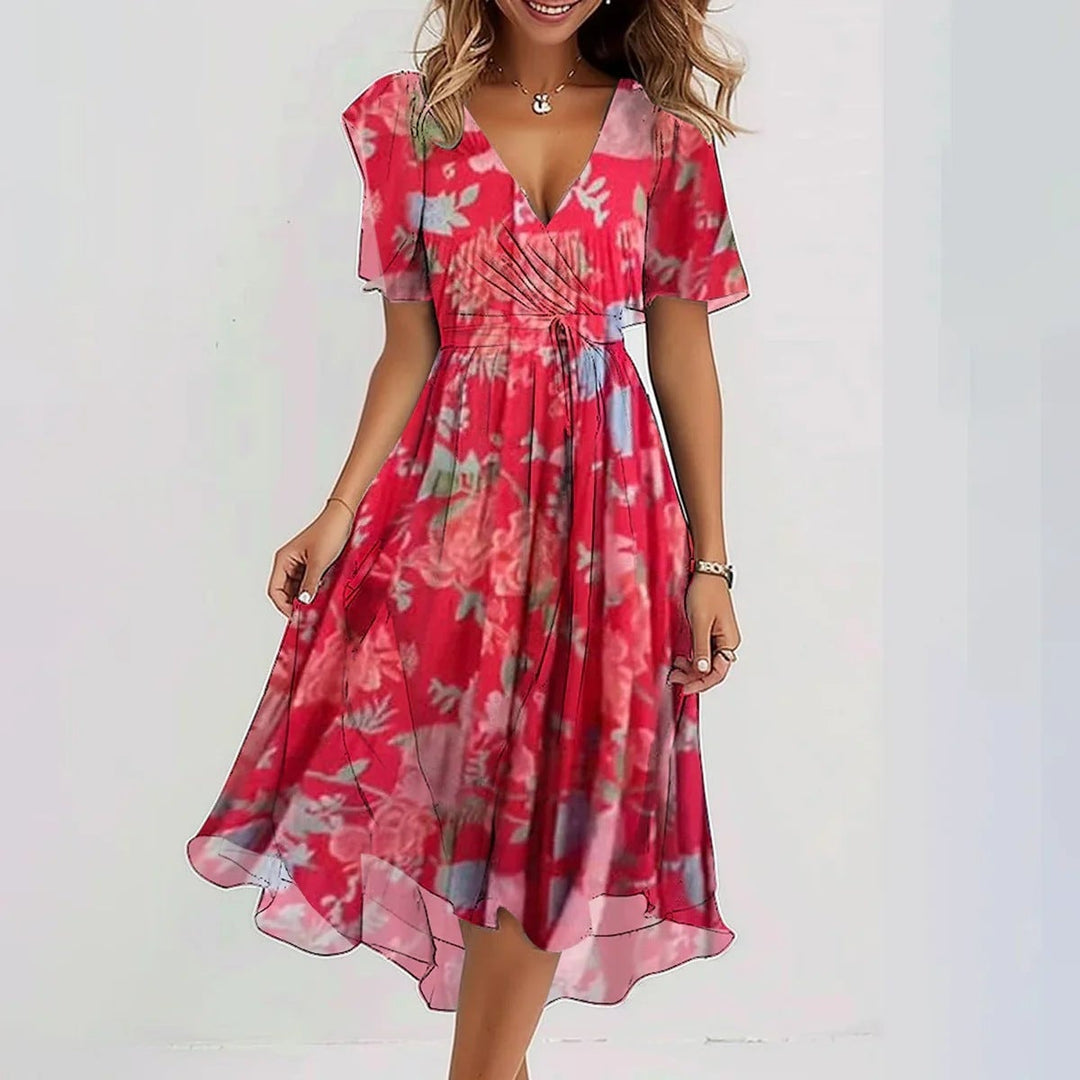 Connie elegant summer dress shown in multiple color options including green, blue, floral, pink, and beige