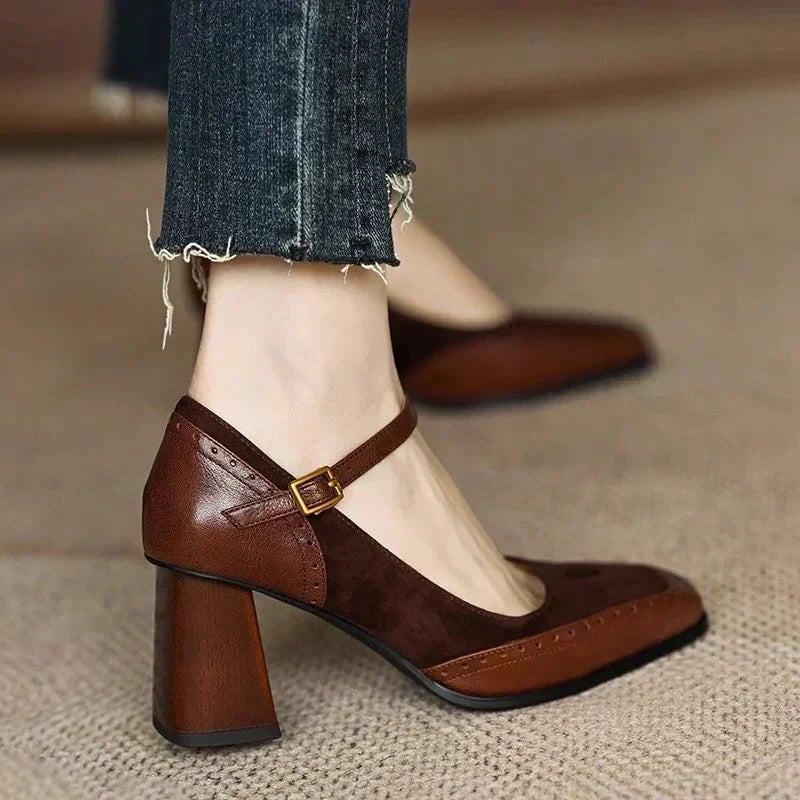 Constance square toe block heel pump in brown with brogue detailing and gold ankle strap buckle, front view