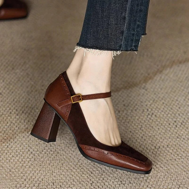 Constance square toe block heel pump in brown, side profile showing mid-height block heel and ankle strap