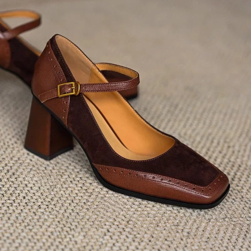 Constance brown pump ankle strap with polished gold buckle, close-up detail