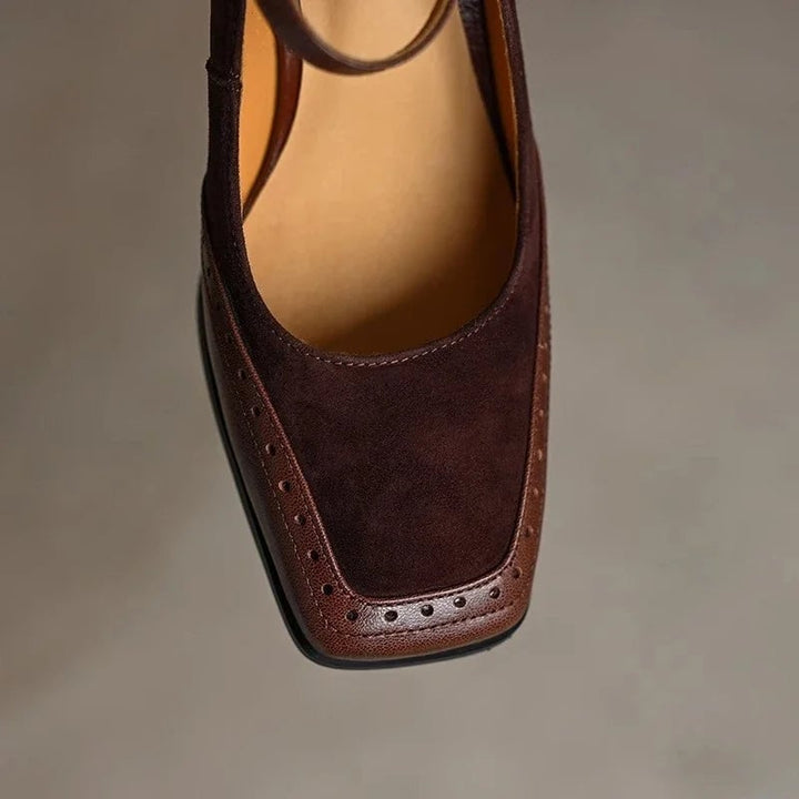 Constance square toe block heel pump in brown, rear view showing block heel and ankle strap