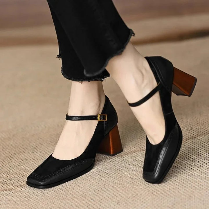 Pair of Constance square toe block heel pumps in black and brown shown together, top-down view
