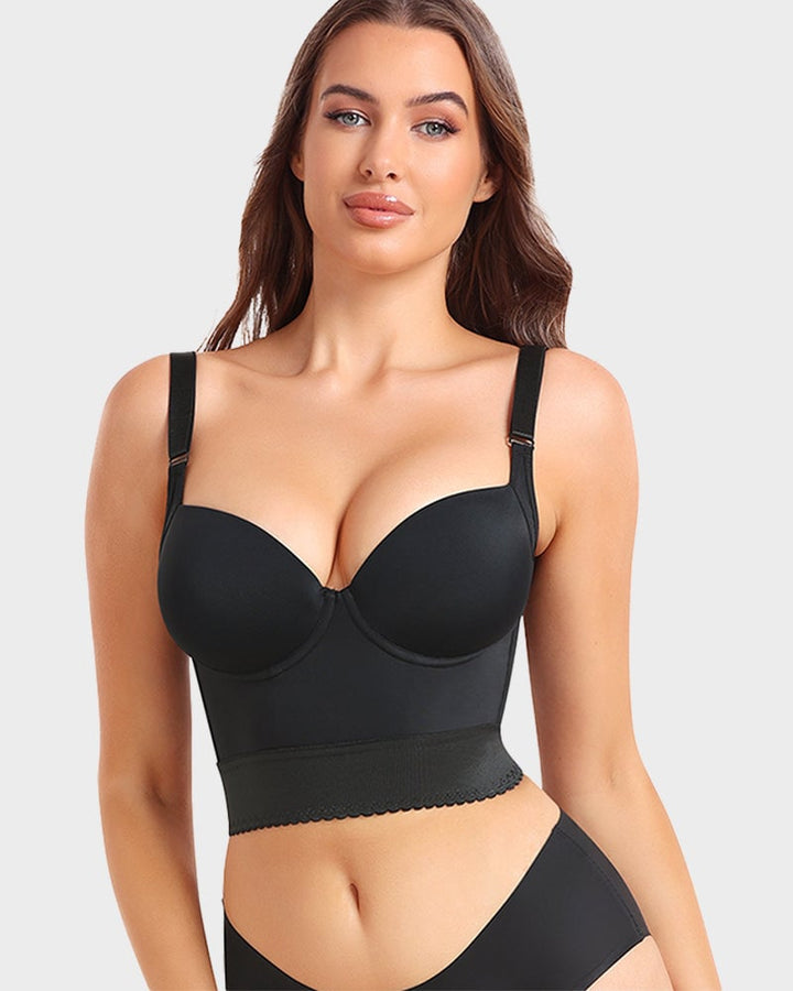 Front view of ContourFit longline push-up bra in black showing built-in shapewear panels and underwire cups
