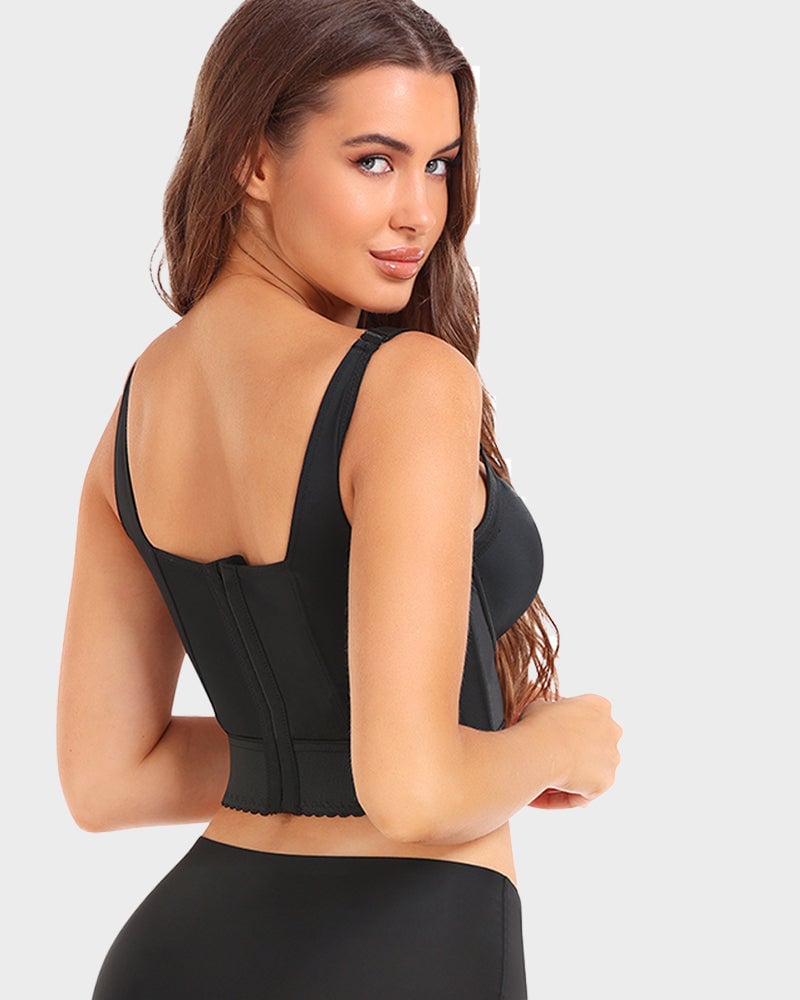 Close-up of ContourFit longline push-up bra in black highlighting breathable fabric texture and longline band