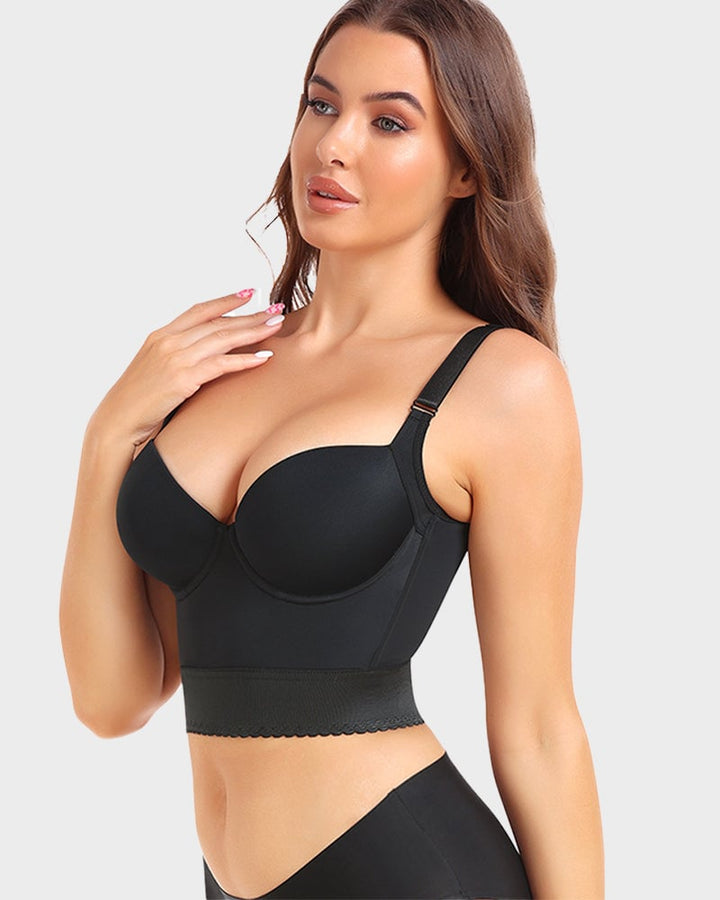 Model wearing ContourFit longline push-up bra in black showing back smoothing longline fit