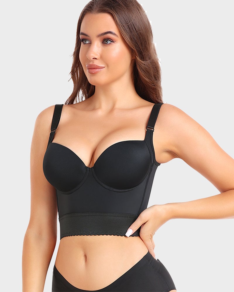 Side profile of ContourFit longline push-up bra in black demonstrating lifted silhouette and sculpted waist