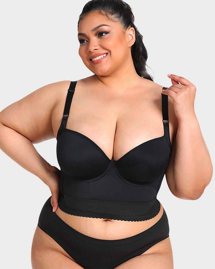 ContourFit longline push-up bra in nude colorway displayed on model showing shaping panels