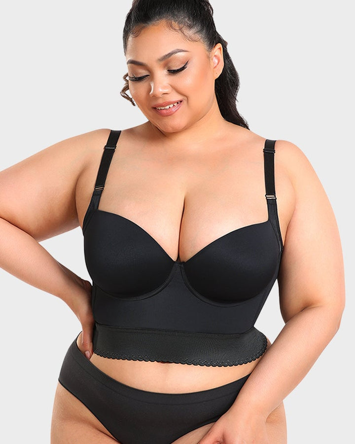 Close-up detail of ContourFit longline bra in nude showing flexible fabric and shapewear panel stitching