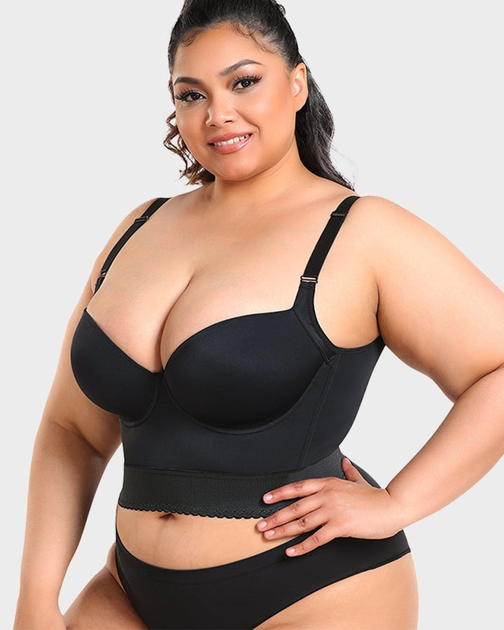 Model wearing ContourFit longline push-up bra in nude showing back smoothing effect
