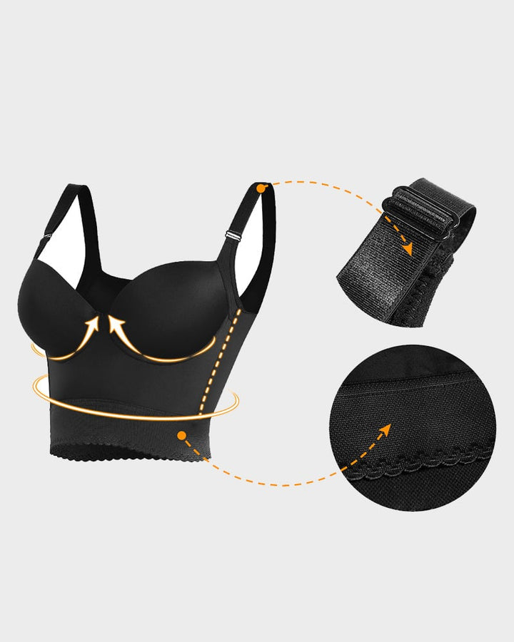 ContourFit longline push-up bra in black showing adjustable straps and hook-and-eye back closure