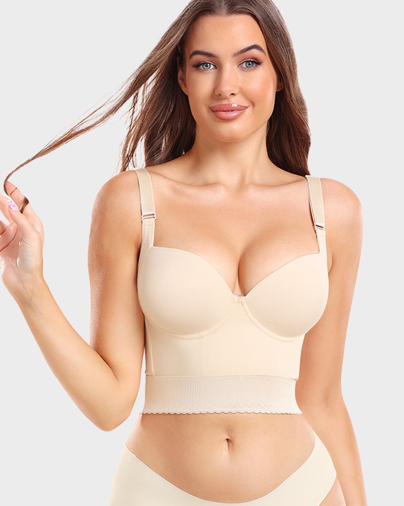 ContourFit longline push-up bra in nude showing adjustable straps and hook-and-eye back closure