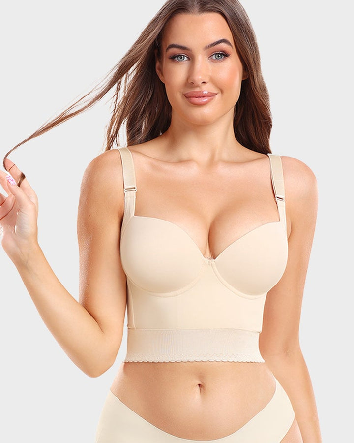 ContourFit longline push-up bra in nude showing adjustable straps and hook-and-eye back closure