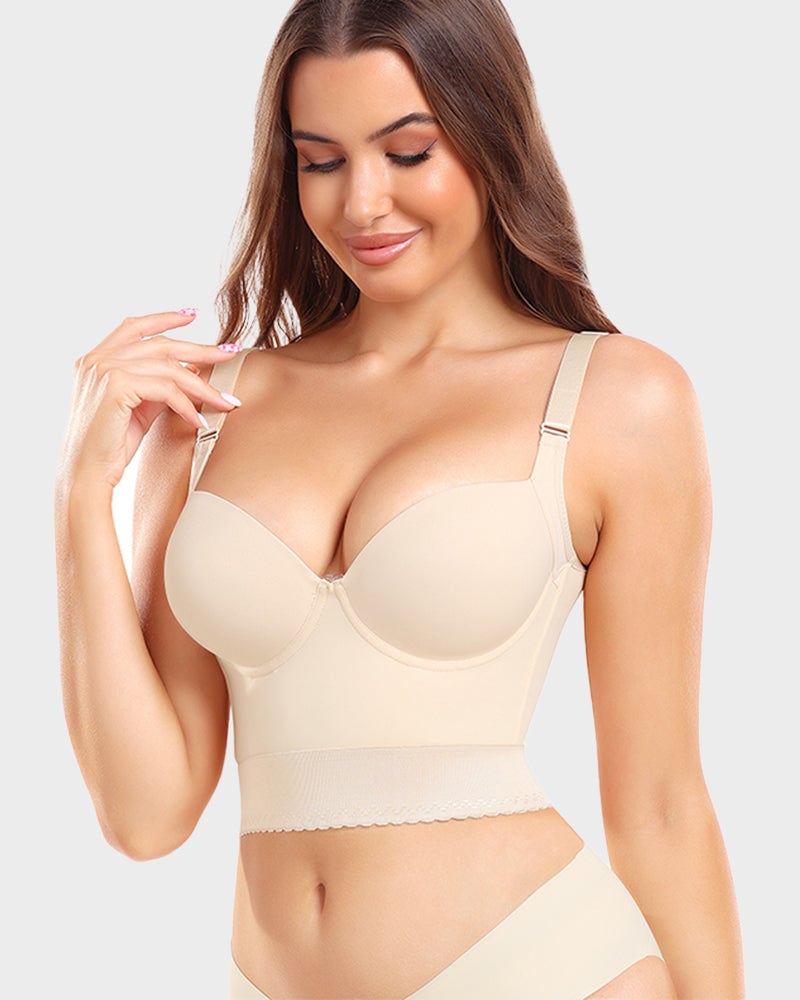 Model wearing ContourFit longline push-up bra in nude showing sculpted waist and smooth midsection