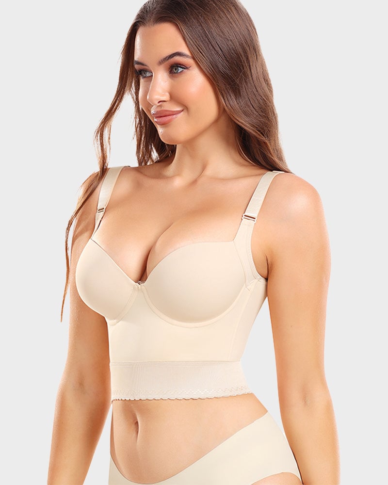 Comparison of black and nude ContourFit longline push-up bras side by side