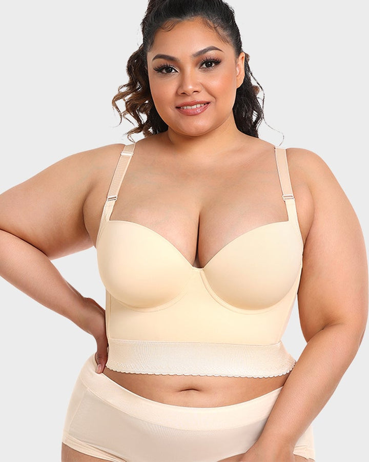 ContourFit longline push-up bra in black showing extended longline band for back smoothing coverage