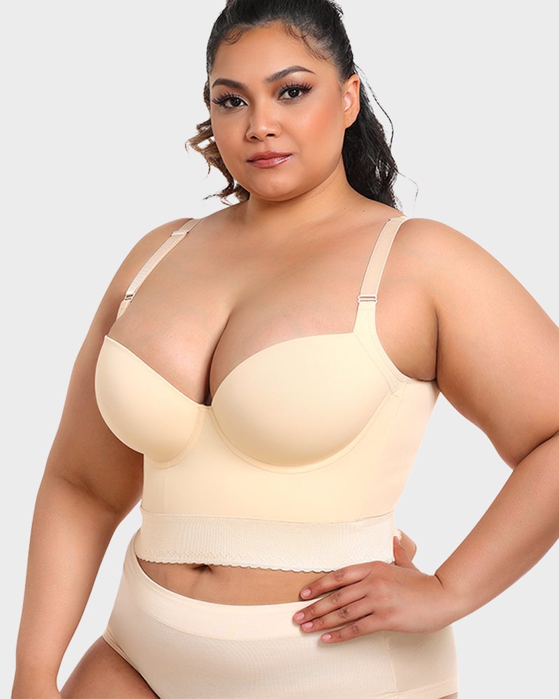 Close-up of ContourFit longline bra underwire and cup edge in black for lift detail