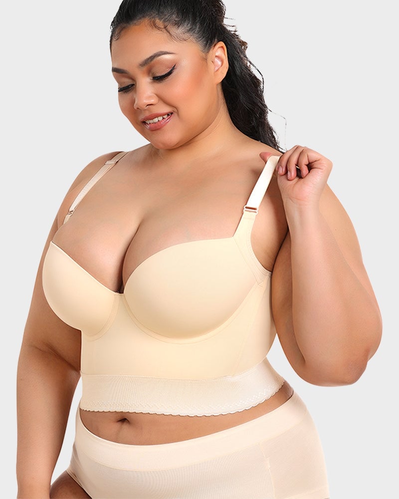 Model in ContourFit longline push-up bra in black showing full front silhouette with shapewear effect