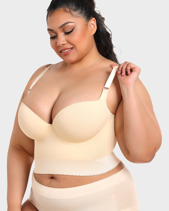 Model in ContourFit longline push-up bra in black showing full front silhouette with shapewear effect