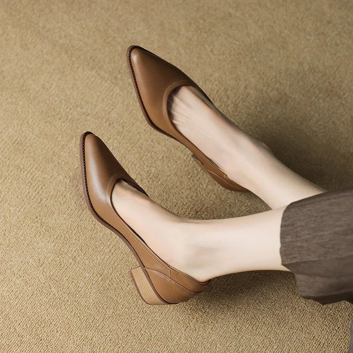 Cora pointed toe pumps in brown on a flat surface, top-down view