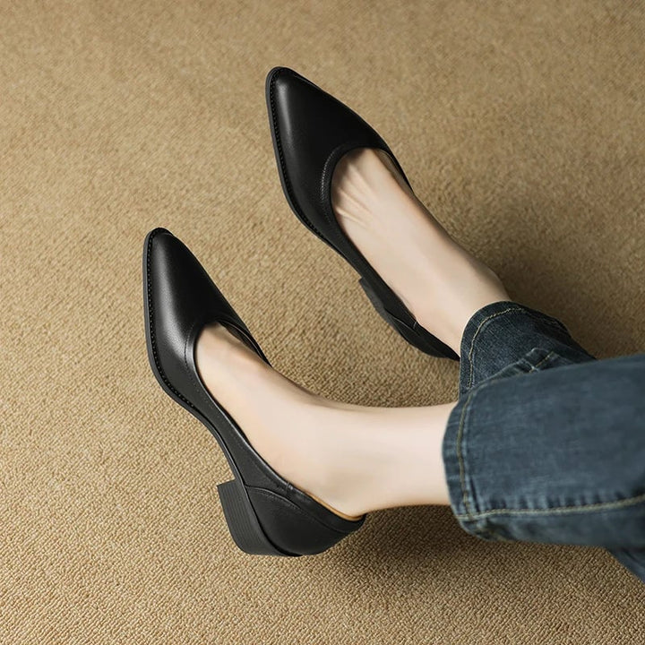 All three colorways of the Cora pump — apricot, brown, and black — displayed side by side
