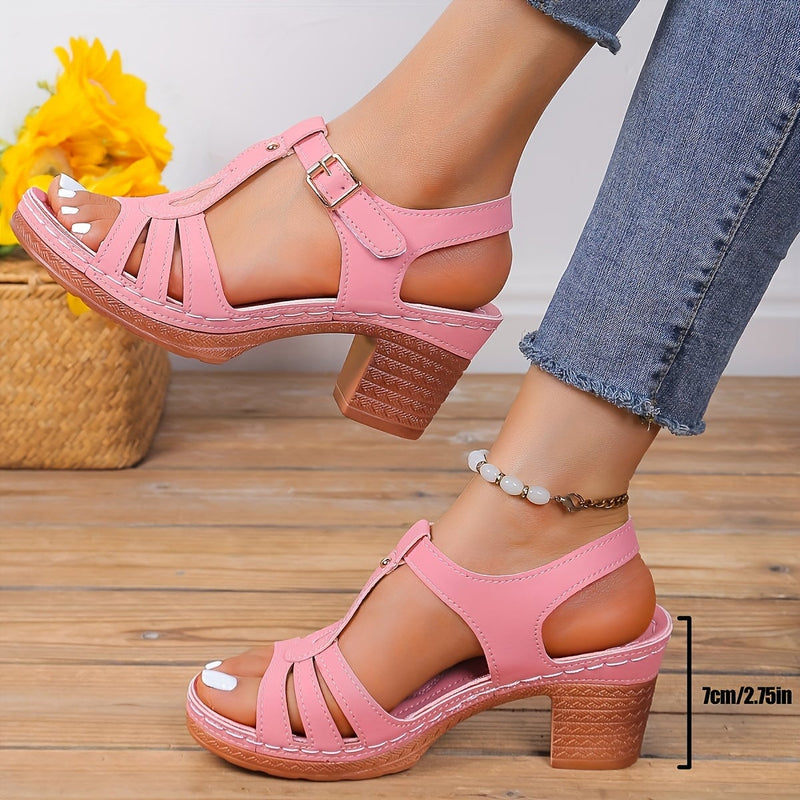 Coral block heel sandals in black, front view on neutral background