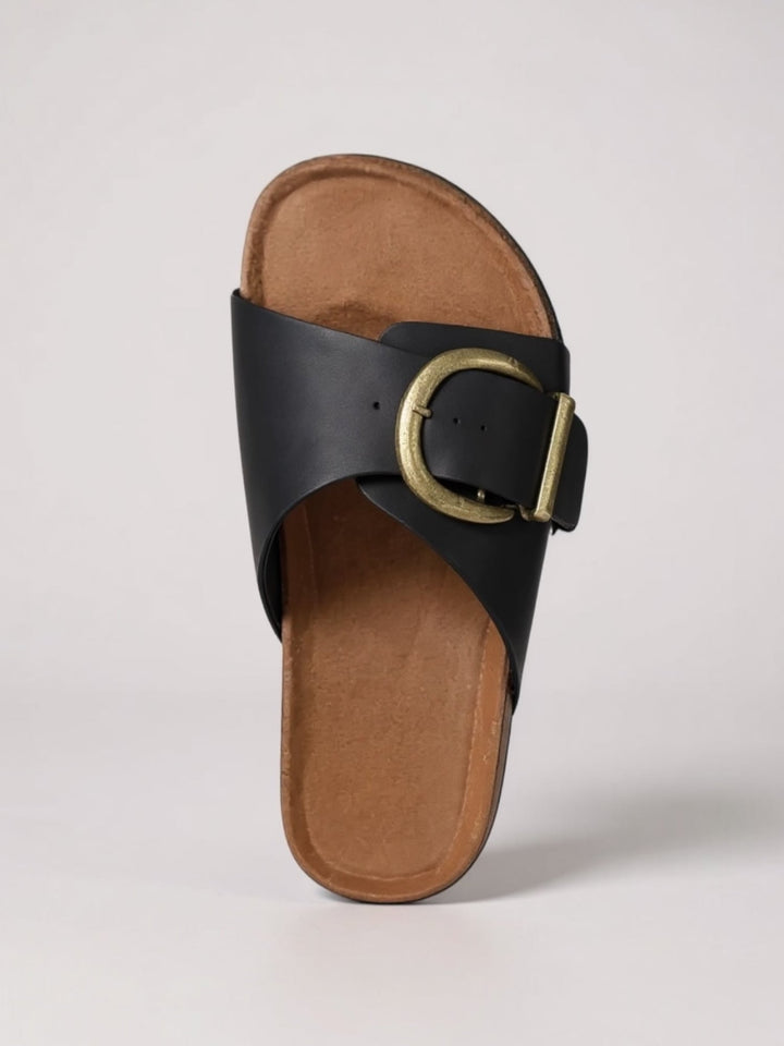 Women's cushioned adjustable buckle slides in beige with dual strap buckle detail, front view