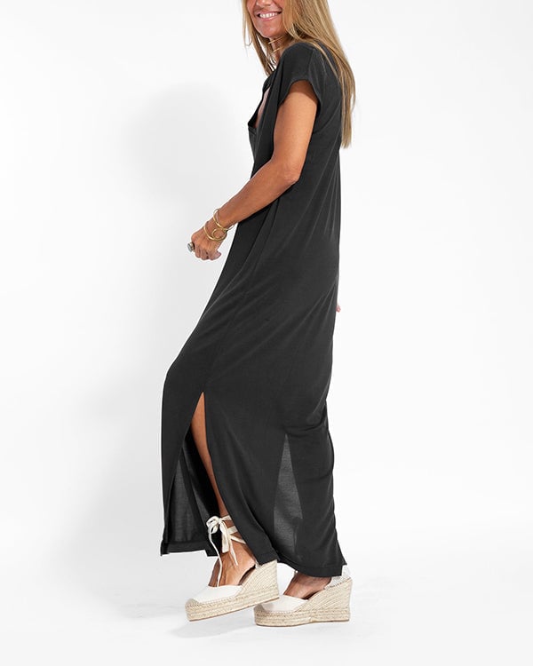 Women's black V-neck side slit maxi dress with short cap sleeves, full-length view