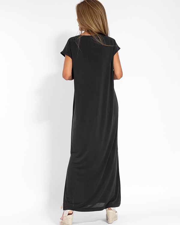 Front view of black relaxed-fit maxi dress with dual side slits